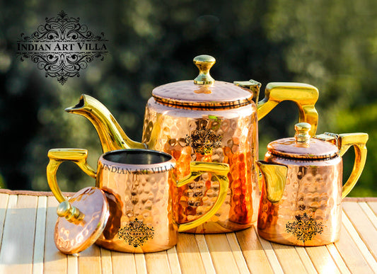 Indian Art Villa, Steel Copper Hammered Milk, Tea & Sugar Pot Set with Inside Tin Lining, Tableware