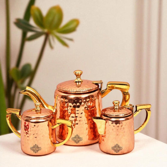Indian Art Villa, Steel Copper Hammered Milk, Tea & Sugar Pot Set with Inside Tin Lining, Tableware