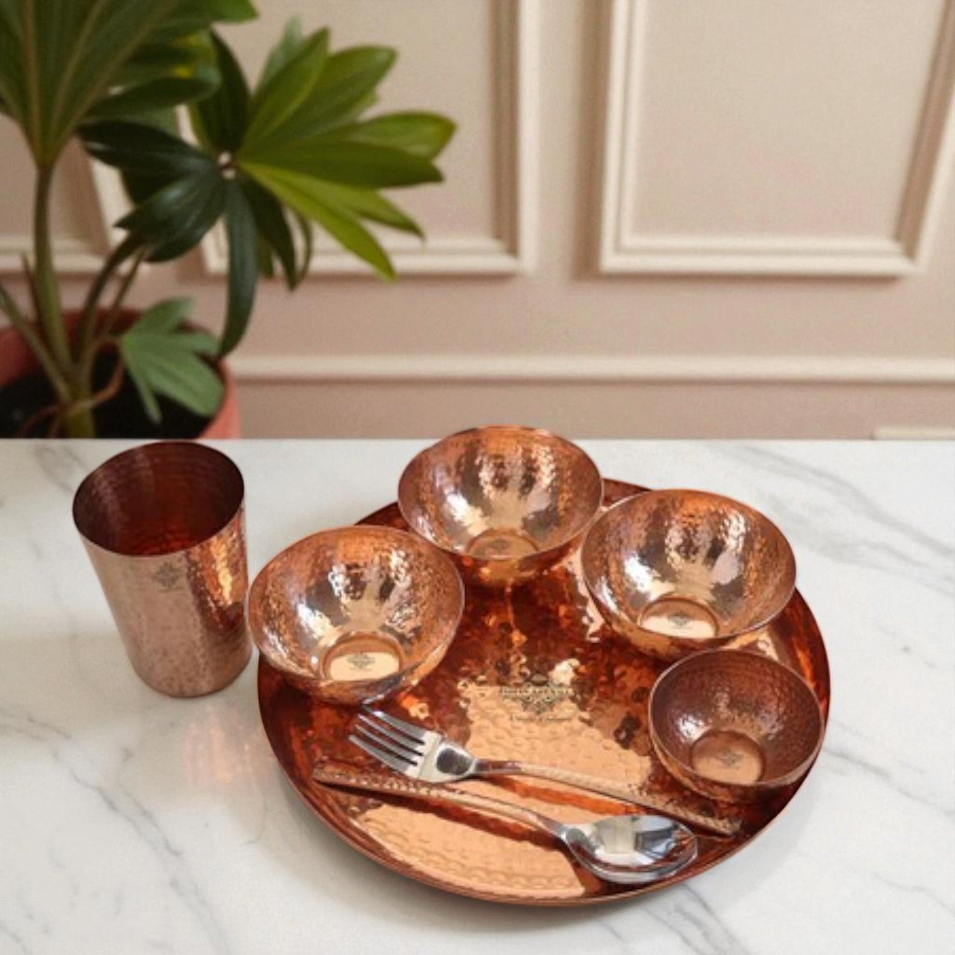 Handcrafted Pure Copper 8 Pieces Dinner Set with Hammered Design