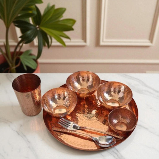 Handcrafted Pure Copper 8 Pieces Dinner Set with Hammered Design