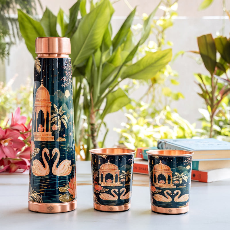 Pure Copper Bottle & Glass Gift Set With Kalakriti Print Design