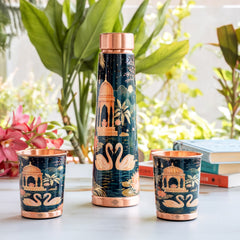 Pure Copper Bottle & Glass Gift Set With Kalakriti Print Design