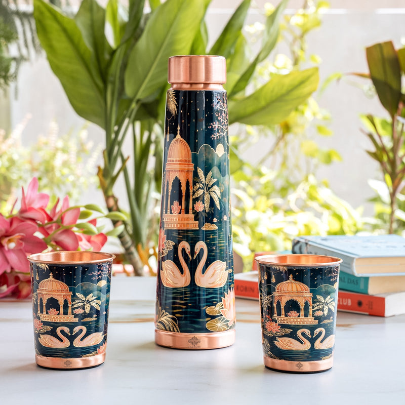 Pure Copper Bottle & Glass Gift Set With Kalakriti Print Design