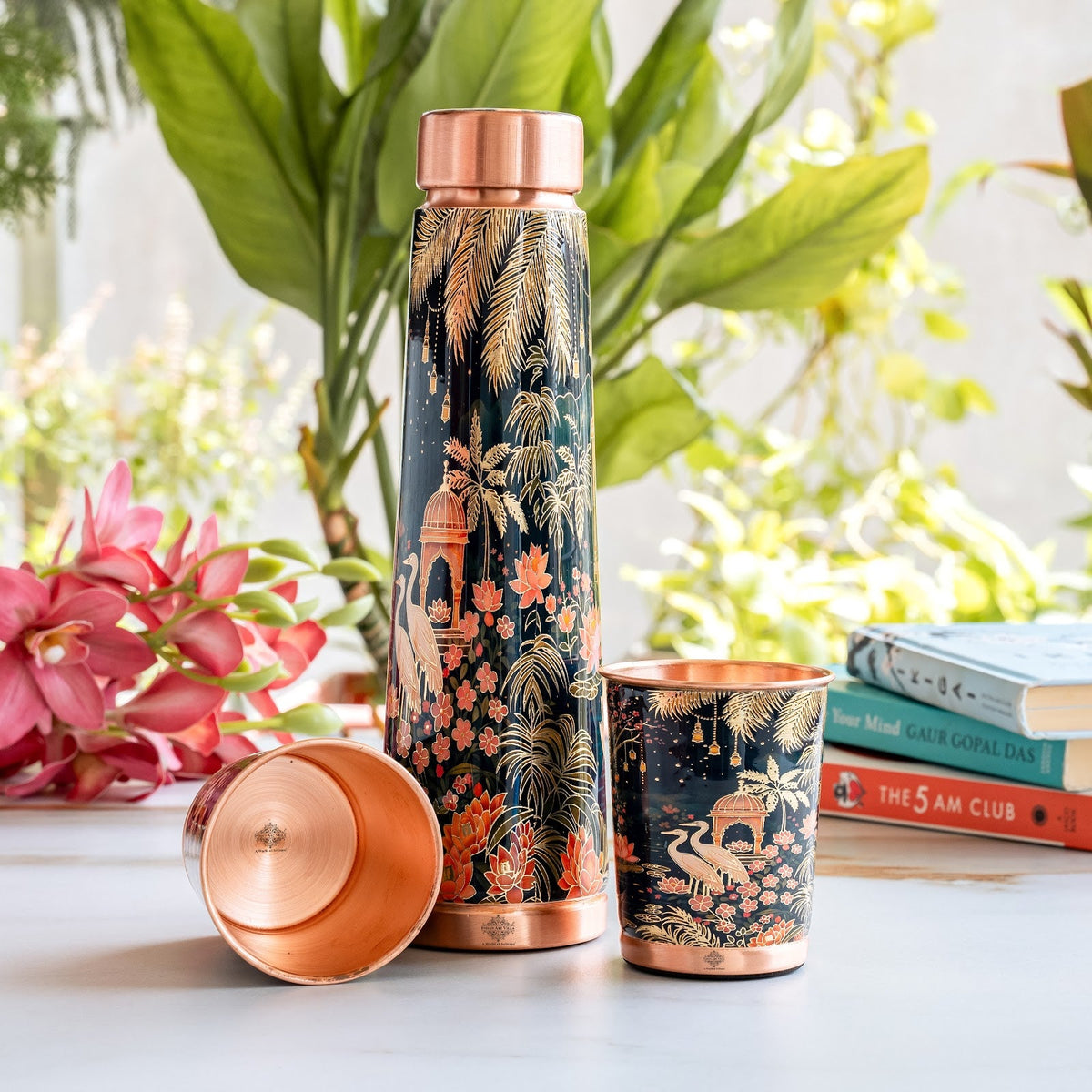 Pure Copper Bottle & Glass Gift Set With Kalakriti Print Design