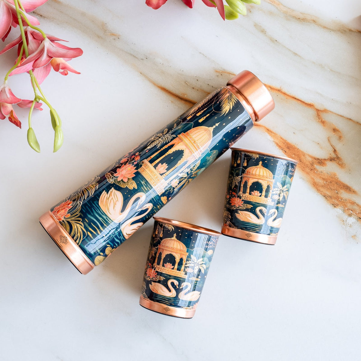 Pure Copper Bottle & Glass Gift Set With Kalakriti Print Design
