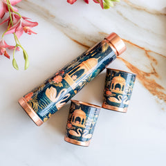 Pure Copper Bottle & Glass Gift Set With Kalakriti Print Design