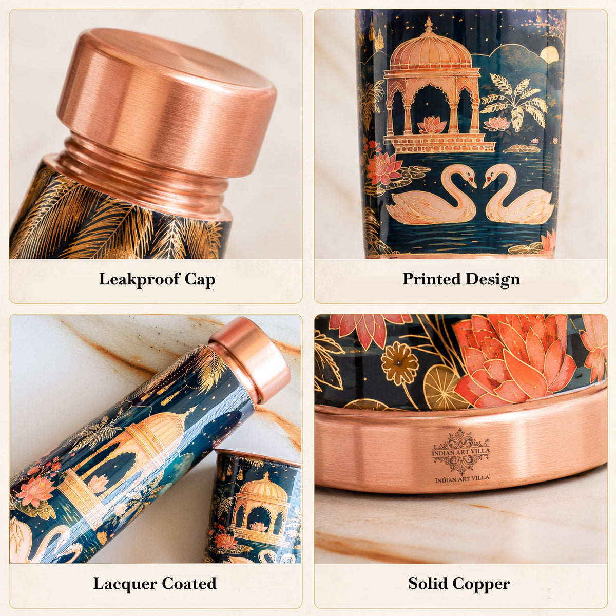 Pure Copper Bottle & Glass Gift Set With Kalakriti Print Design