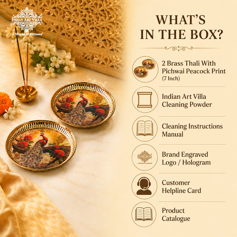 Brass Thali With Pichwai Peacock Print Set Of 2