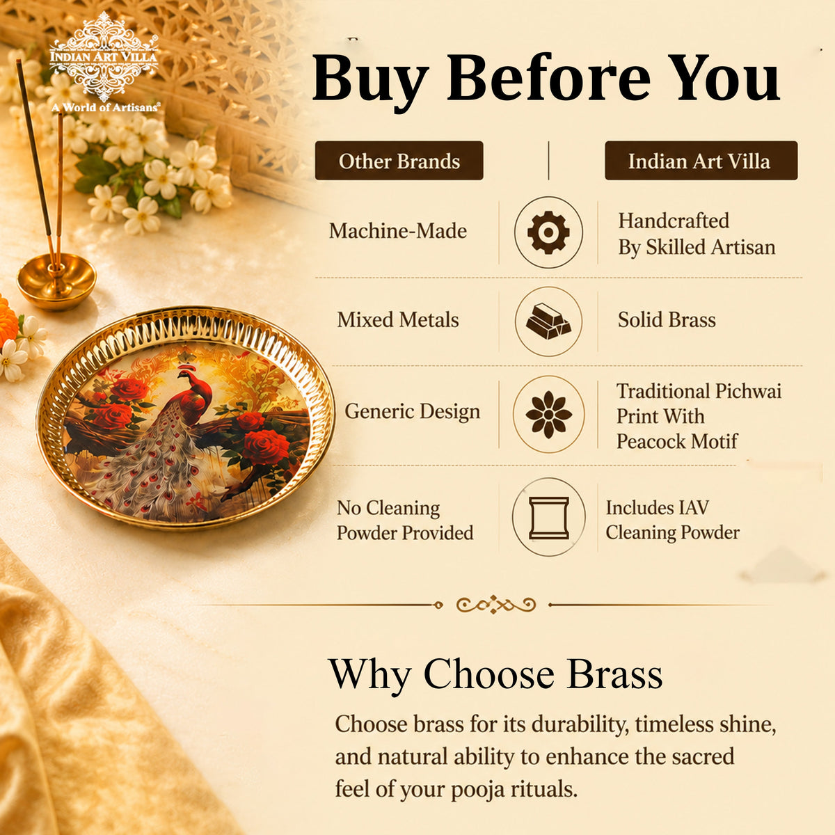 Brass Thali With Pichwai Peacock Print Set Of 2