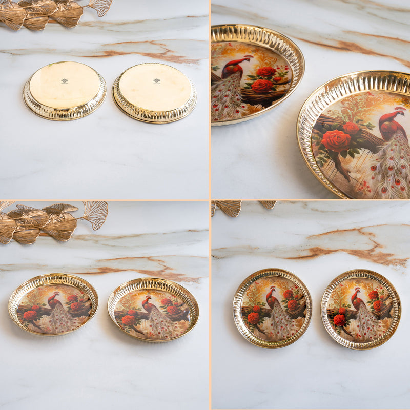 Brass Thali With Pichwai Peacock Print Set Of 2