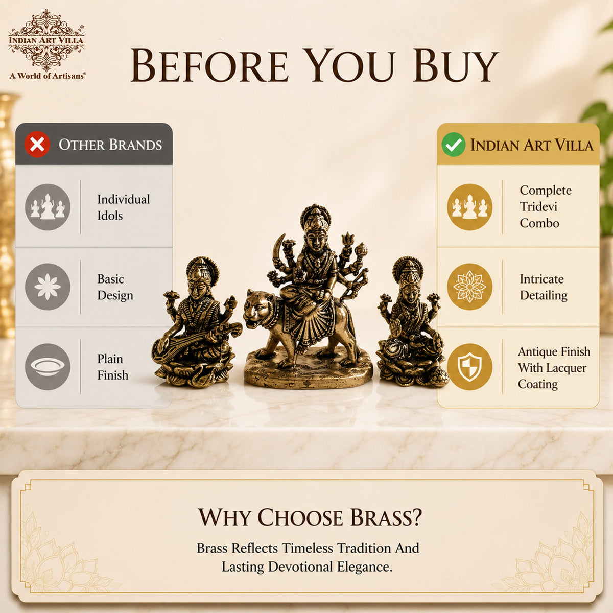 Pure Brass Miniature Durga Lakshmi Saraswati Combo - Navratri Tridevi Combo