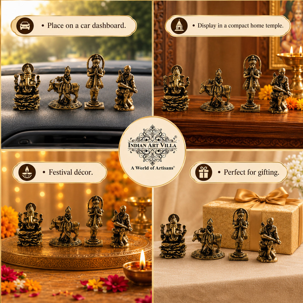 Pure Brass Miniature Divine Idol Combo of Ganesha, Krishna, Hanuman ji & Sai Baba