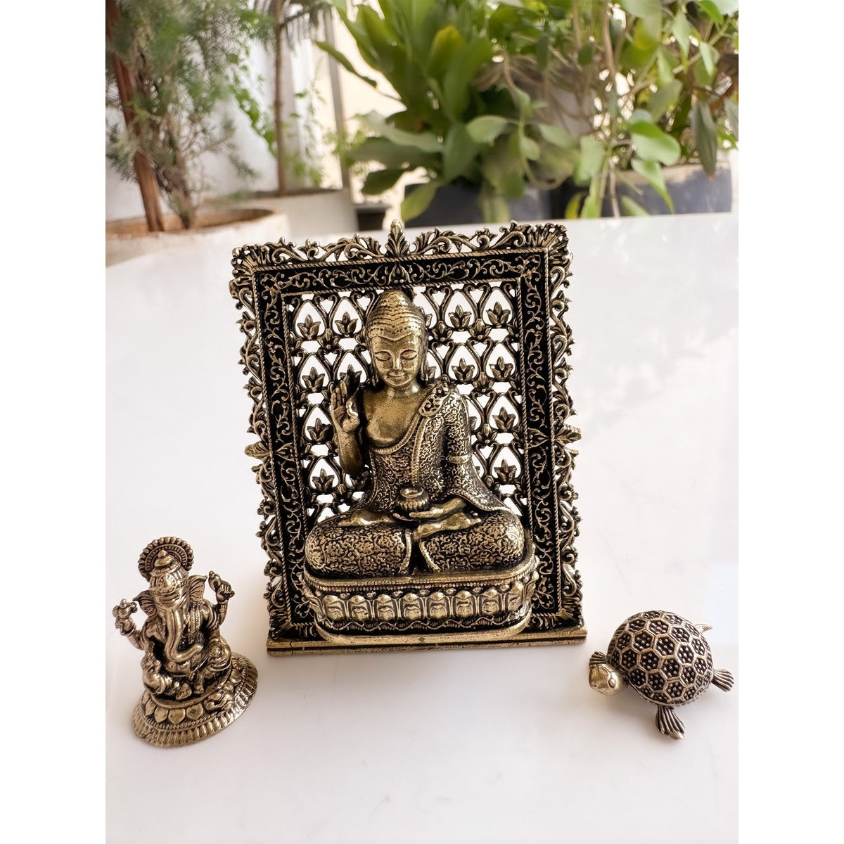 Pure Brass Miniature Buddha, Ganesha & Tortoise Murti Combo For Office Desk
