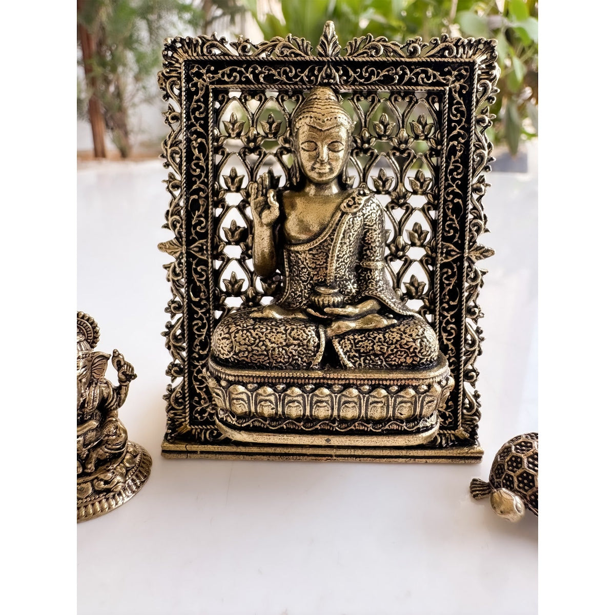 Pure Brass Miniature Buddha, Ganesha & Tortoise Murti Combo For Office Desk