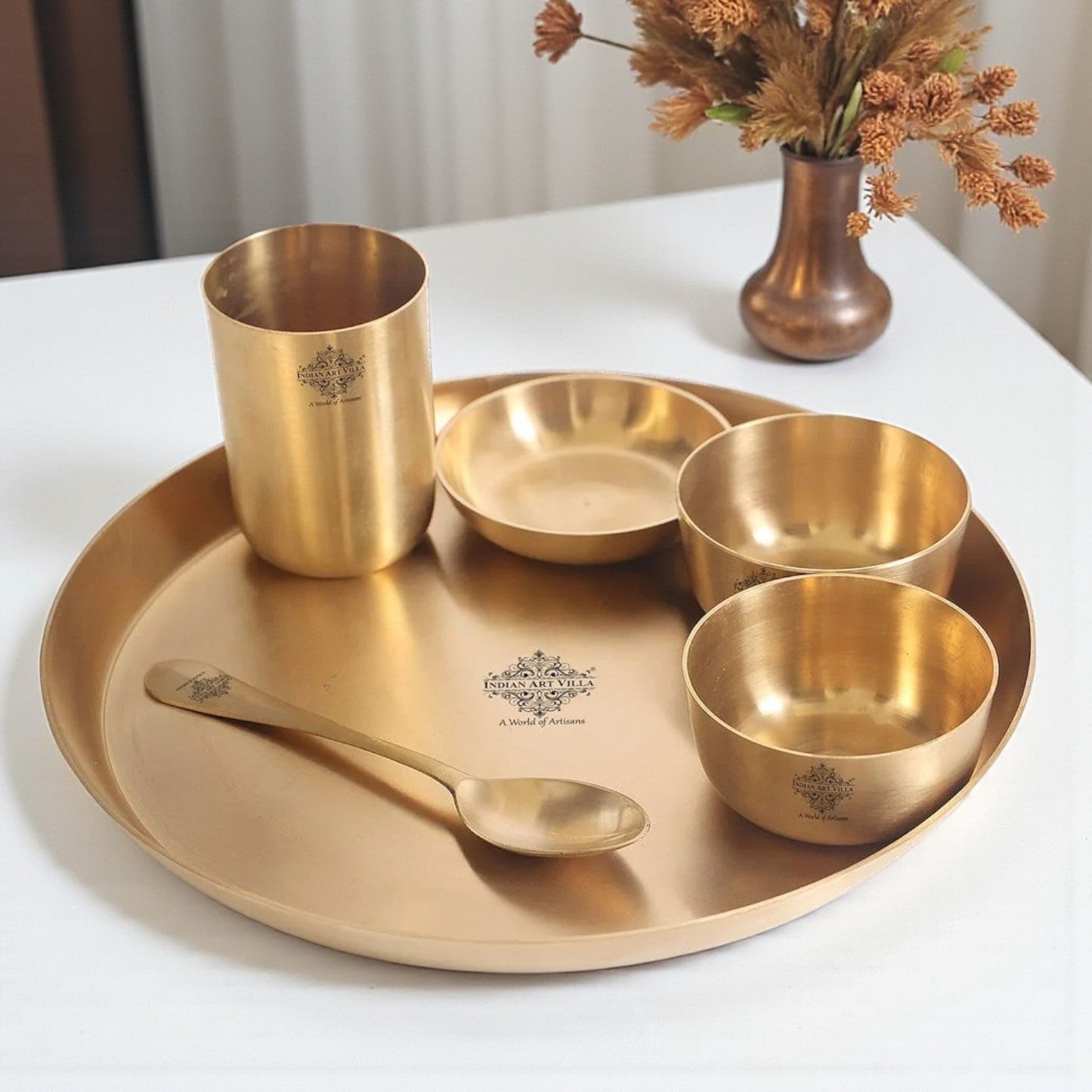 Handcrafted Pure Brass Matt Finish 7 Pieces Dinner Set / Thali Set, Dinnerware, Tableware