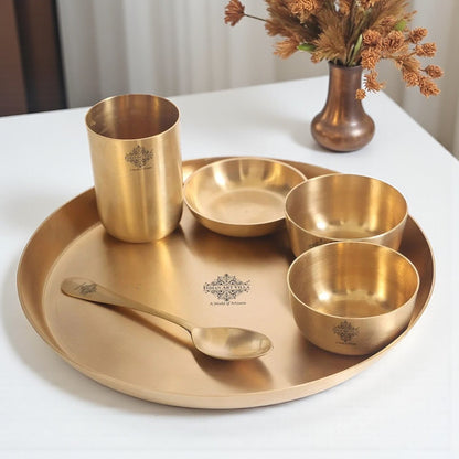 Handcrafted Pure Brass Matt Finish 7 Pieces Dinner Set / Thali Set, Dinnerware, Tableware