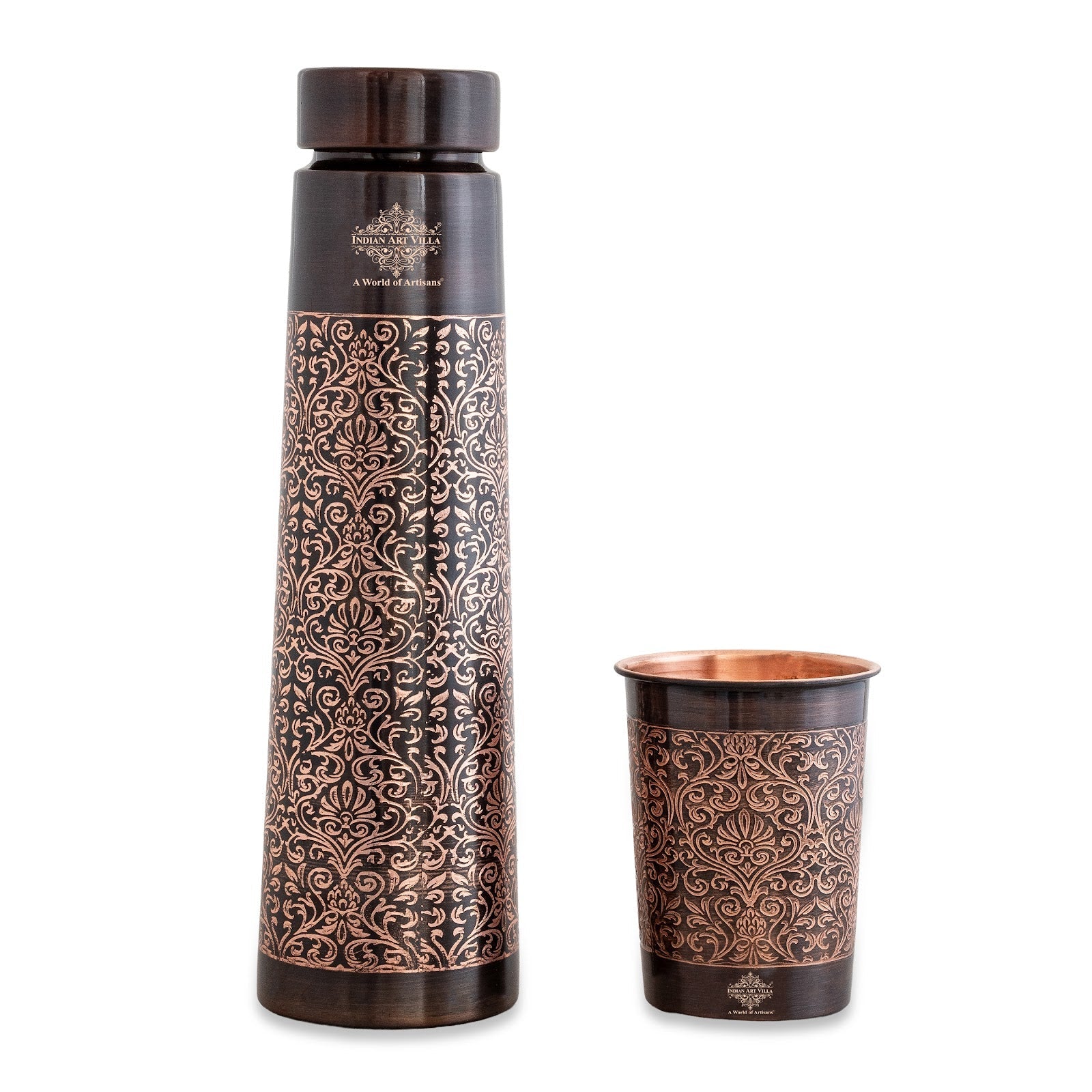 Pure Copper Drinkware Gift Set With Embossed Design One Glass & Bottle 800+275 ML