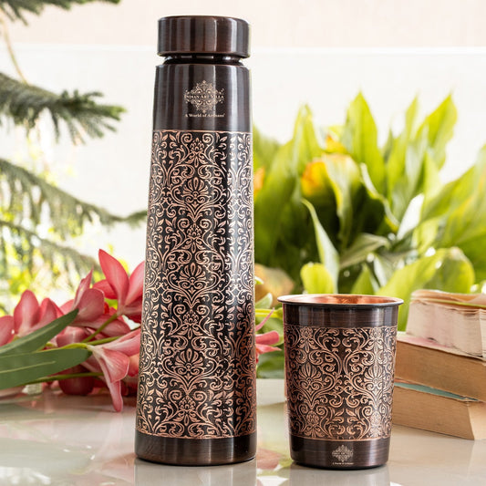 Pure Copper Drinkware Gift Set With Embossed Design One Glass & Bottle 800+275 ML