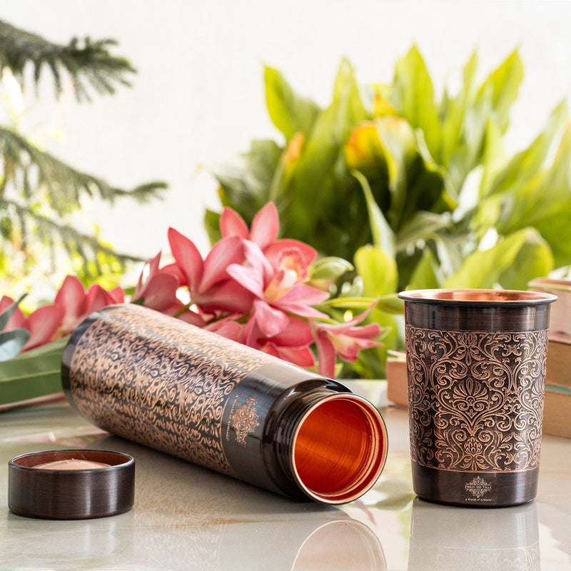 Pure Copper Drinkware Gift Set With Embossed Design One Glass & Bottle 800+275 ML