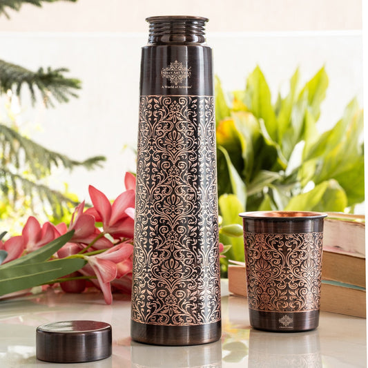 Pure Copper Drinkware Gift Set With Embossed Design One Glass & Bottle 800+275 ML