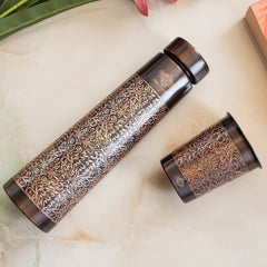 Pure Copper Drinkware Gift Set With Embossed Design One Glass & Bottle 800+275 ML
