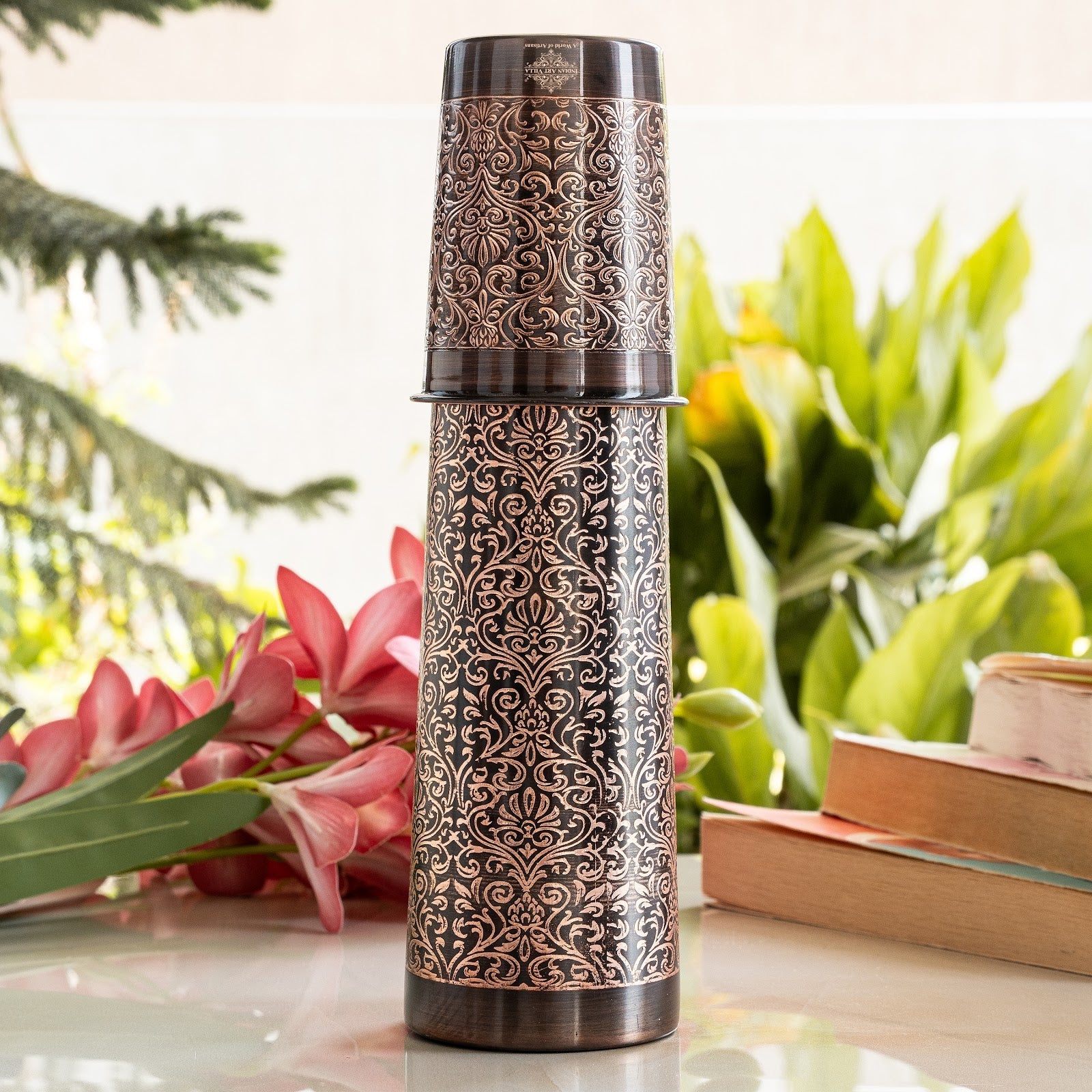 Pure Copper Drinkware Gift Set With Embossed Design One Glass & Bottle 800+275 ML