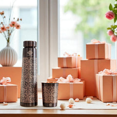 Pure Copper Drinkware Gift Set With Embossed Design One Glass & Bottle 800+275 ML