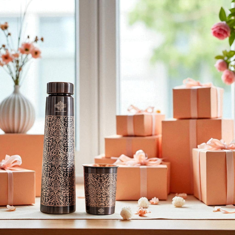 Pure Copper Drinkware Gift Set With Embossed Design One Glass & Bottle 800+275 ML