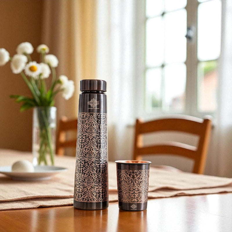 Pure Copper Drinkware Gift Set With Embossed Design One Glass & Bottle 800+275 ML