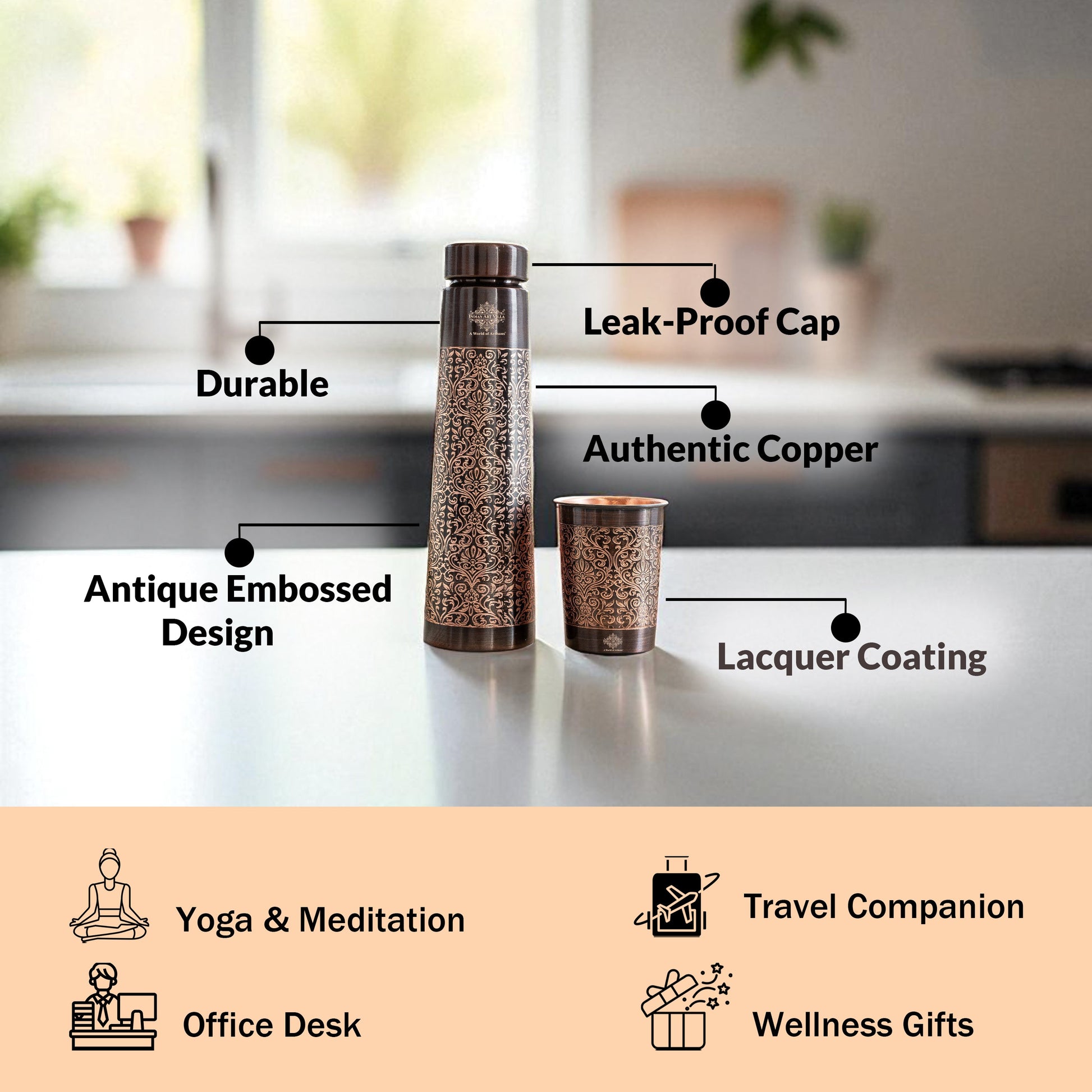 Pure Copper Drinkware Gift Set With Embossed Design One Glass & Bottle 800+275 ML