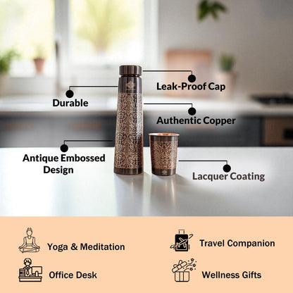 Pure Copper Drinkware Gift Set With Embossed Design One Glass & Bottle 800+275 ML