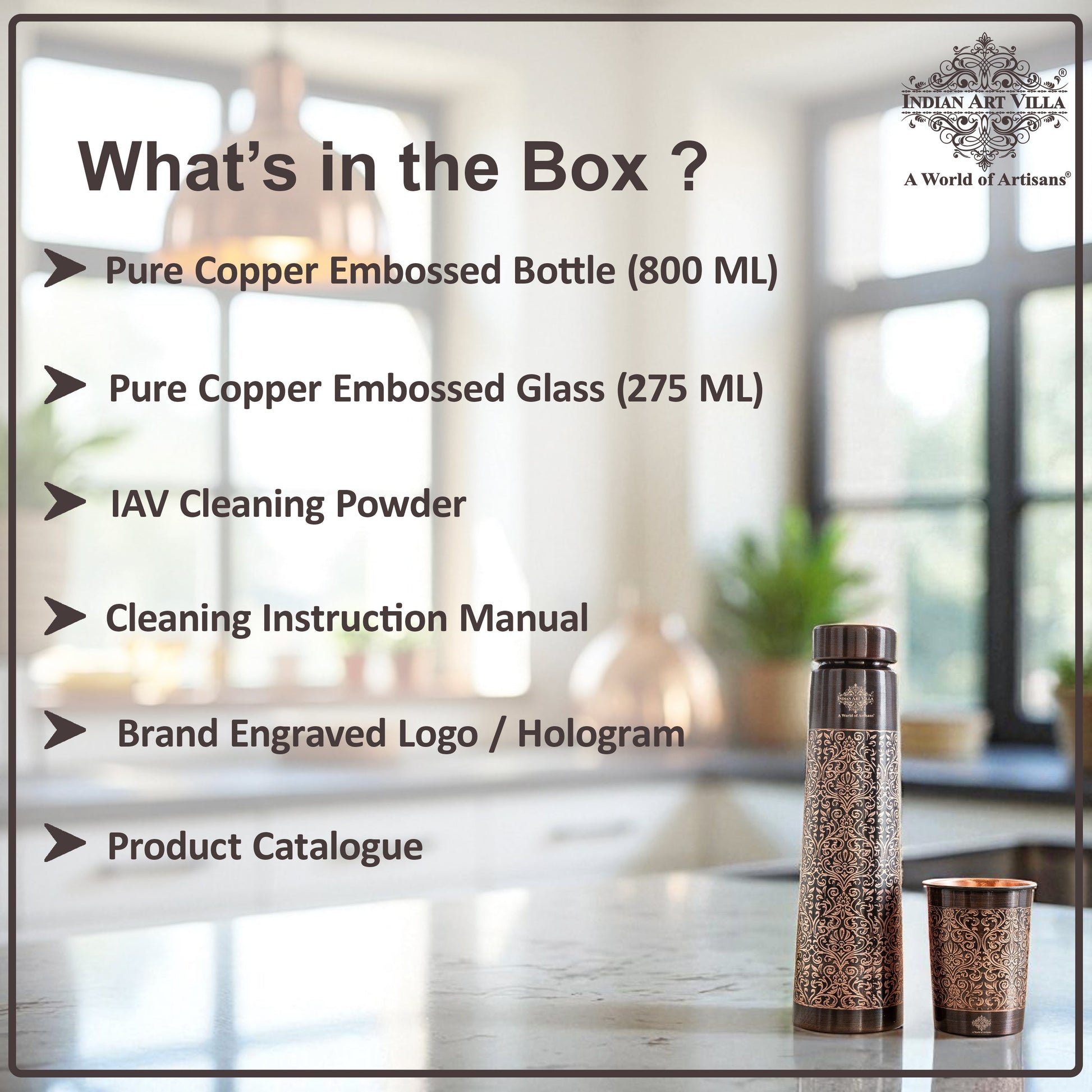 Pure Copper Drinkware Gift Set With Embossed Design One Glass & Bottle 800+275 ML