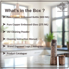 Pure Copper Drinkware Gift Set With Embossed Design One Glass & Bottle 800+275 ML