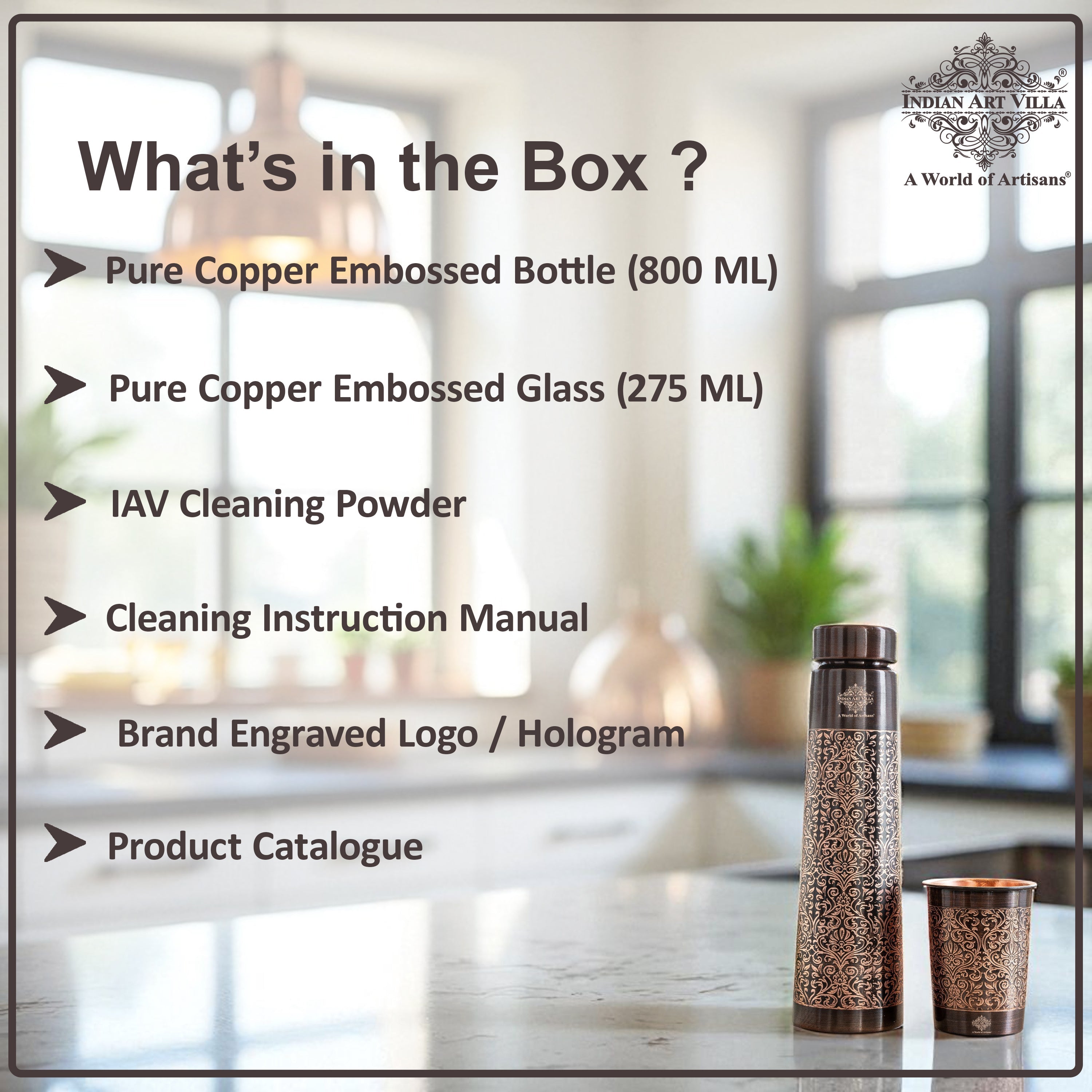 Pure Copper Drinkware Gift Set With Embossed Design One Glass & Bottle 800+275 ML