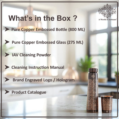 Pure Copper Drinkware Gift Set With Embossed Design One Glass & Bottle 800+275 ML