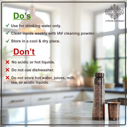 Pure Copper Drinkware Gift Set With Embossed Design One Glass & Bottle 800+275 ML