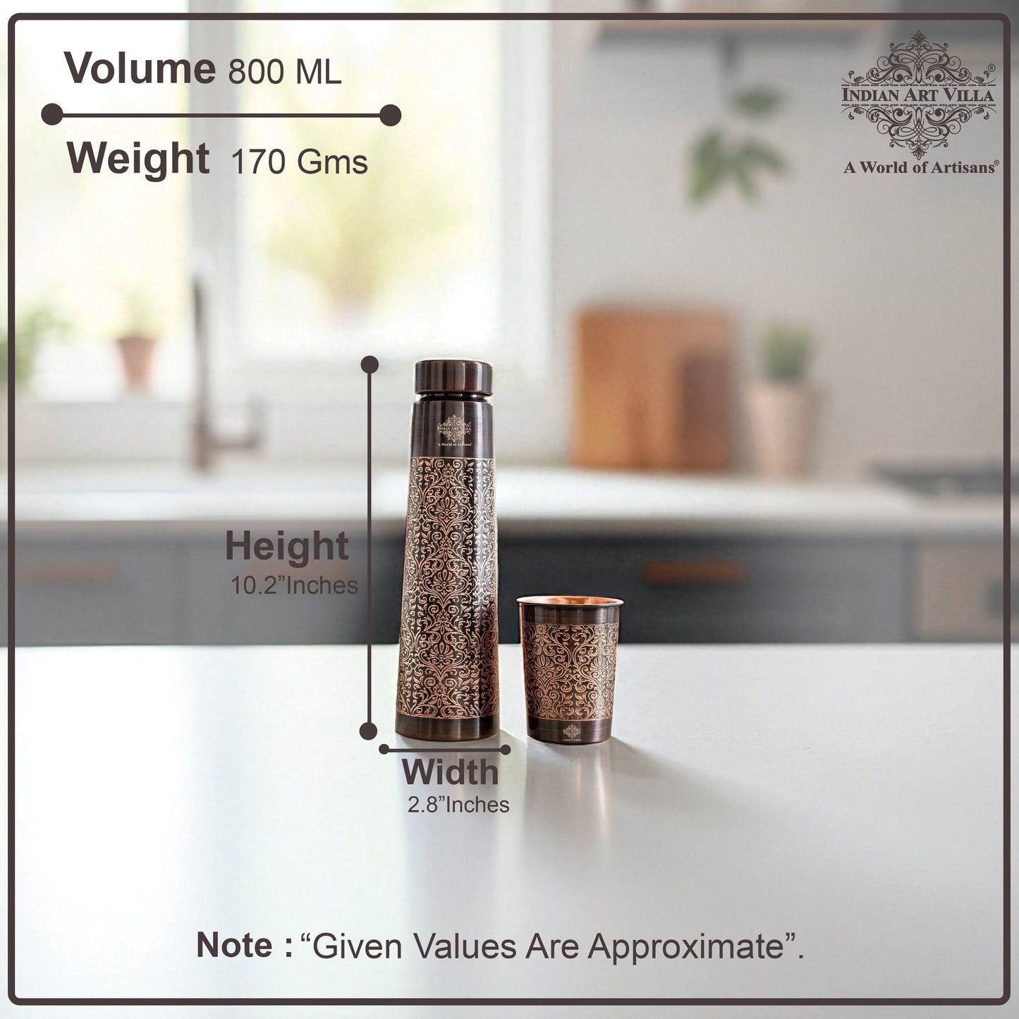 Pure Copper Drinkware Gift Set With Embossed Design One Glass & Bottle 800+275 ML