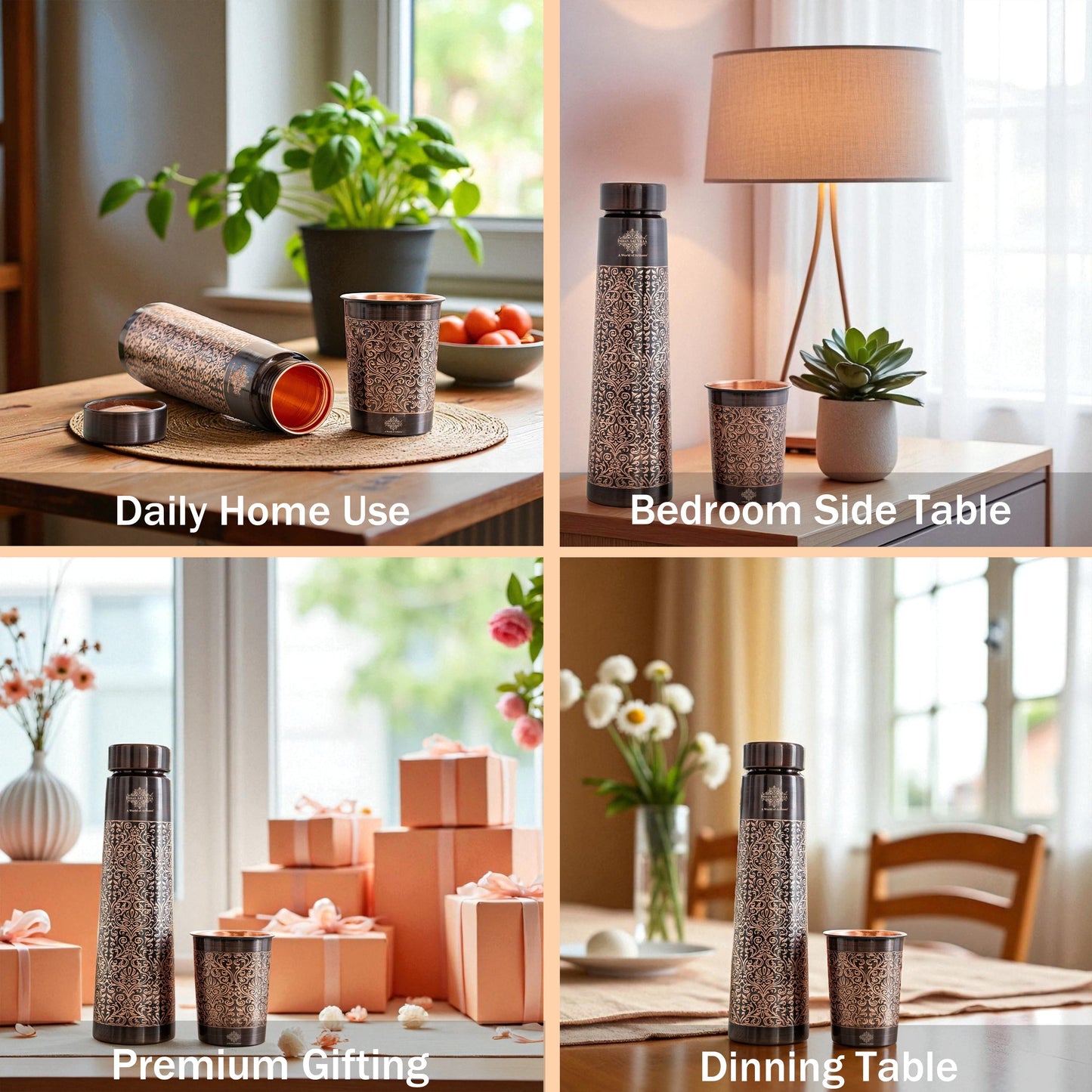 Pure Copper Drinkware Gift Set With Embossed Design One Glass & Bottle 800+275 ML