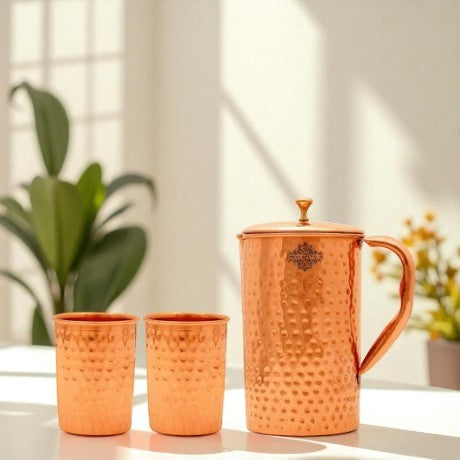 Handmade Pure Copper Hammered Design Jug & Glass with Box, Drinkware Gift Set