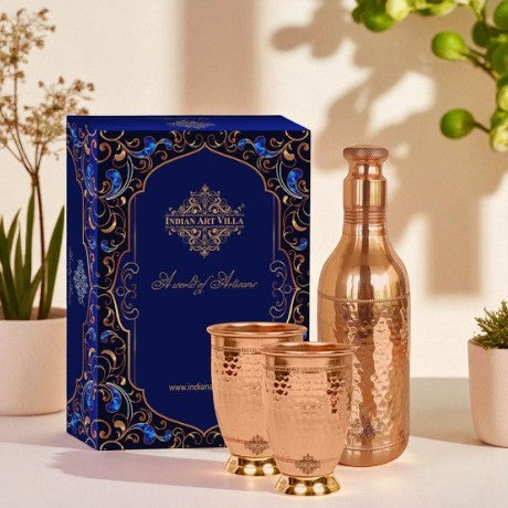 Pure Copper Hammered Leak Proof Cocktail Water Bottle & Two Glass