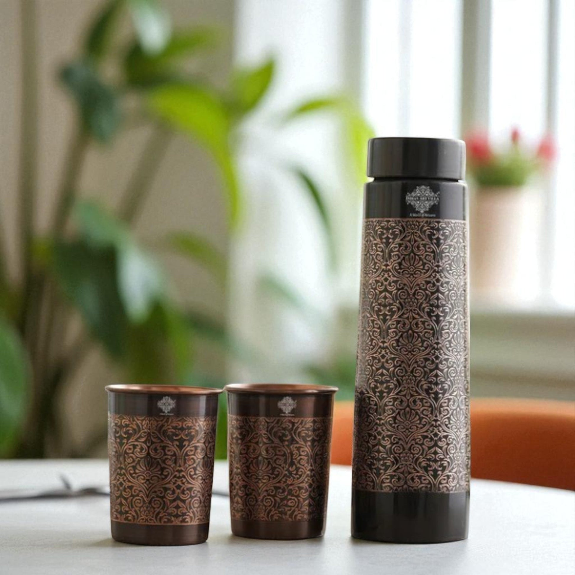 Antique Finished Embossed Design Drinkware Gift Set of Copper Pyramid Shape Bottle & Copper Glass
