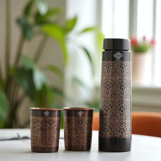 Antique Finished Embossed Design Drinkware Gift Set of Copper Pyramid Shape Bottle & Copper Glass