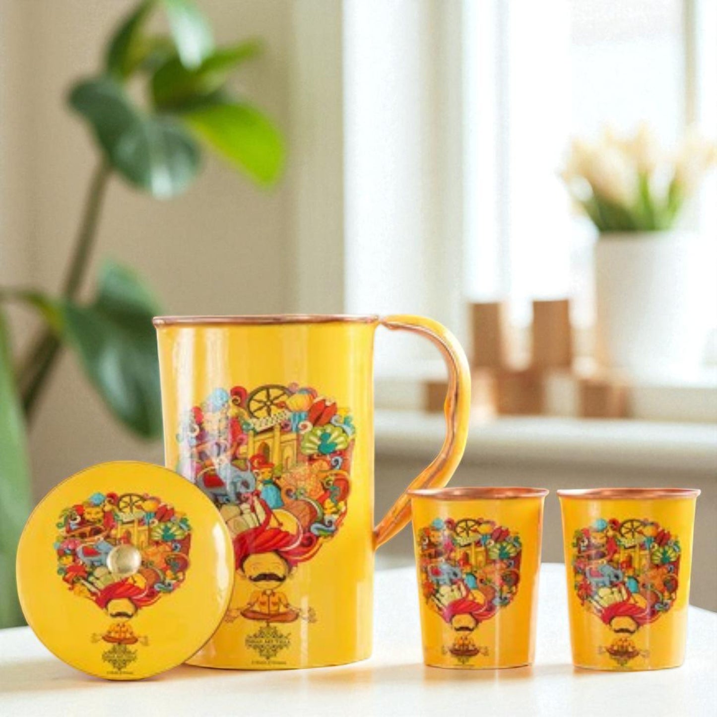 Pure Copper Printed Padharo Mhare Desh Jug & Glass Gift Set