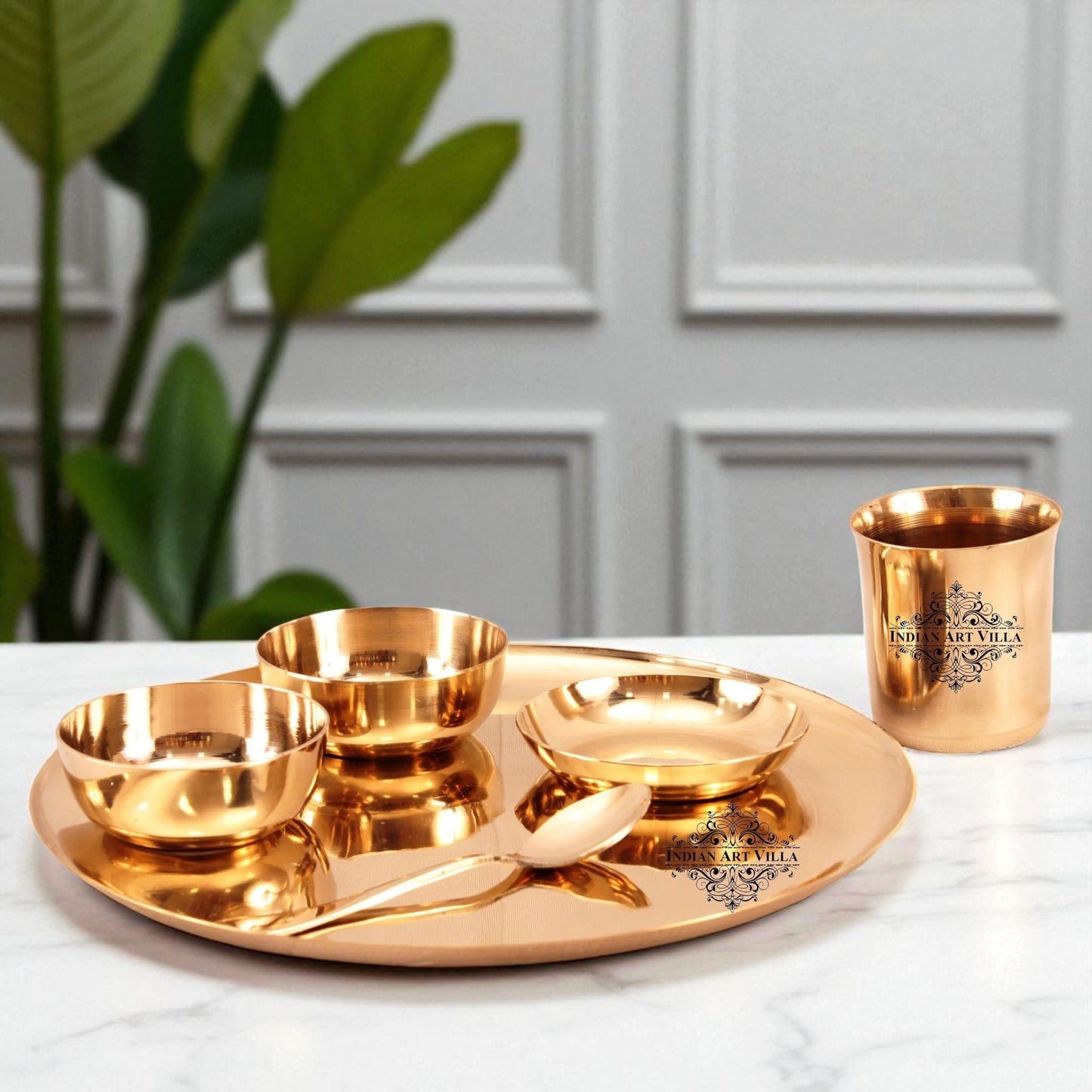 Bronze 6 Piece Dinner Set, Plain Design, 1 Plate, 1 Glass, 1 Spoon, 1 Halwa Plate, 2 Bowl