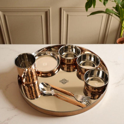 Handcrafted Pure Steel Copper 8 Pieces Dinner Set with Hammered Design