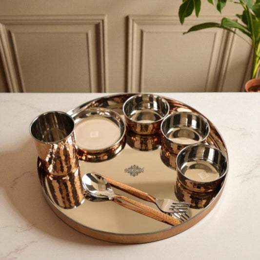 Handcrafted Pure Steel Copper 8 Pieces Dinner Set with Hammered Design