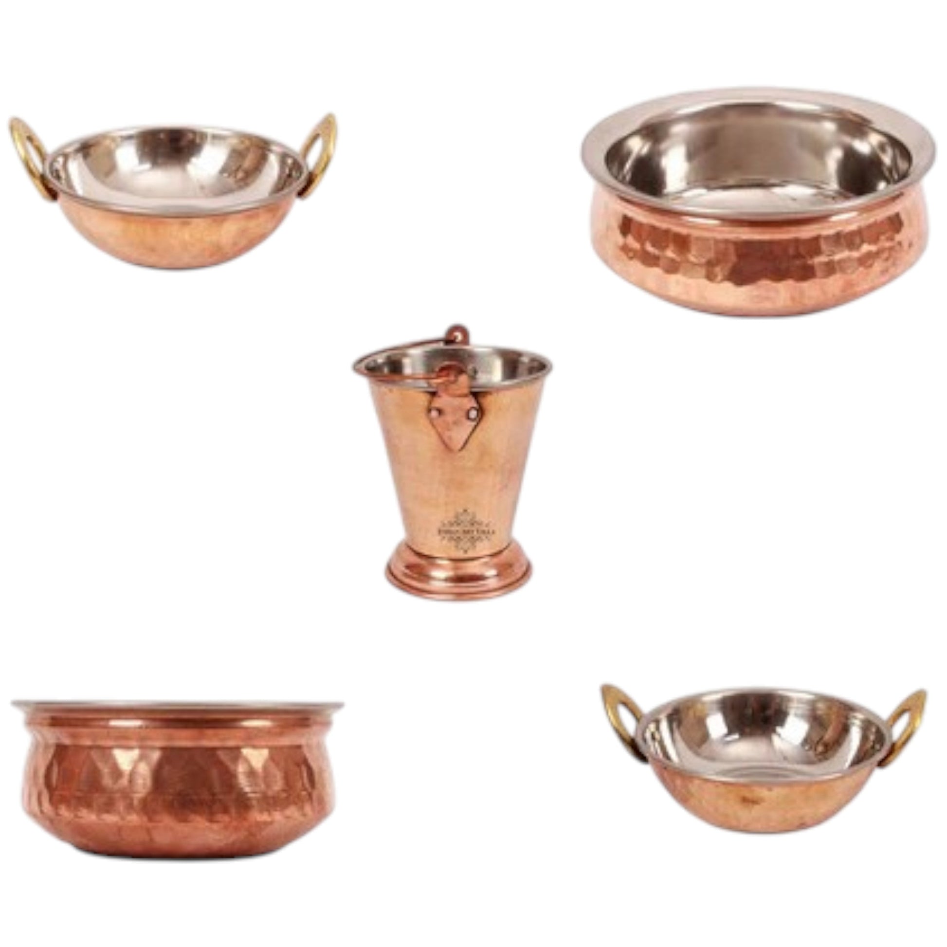Handmade Pure Steel Copper 2 Kadhai 2 Handi 1 Bucket Serving Set