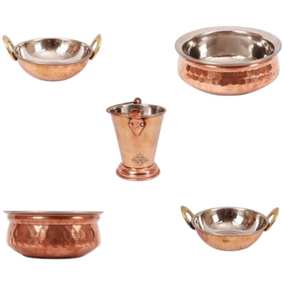 Handmade Pure Steel Copper 2 Kadhai 2 Handi 1 Bucket Serving Set