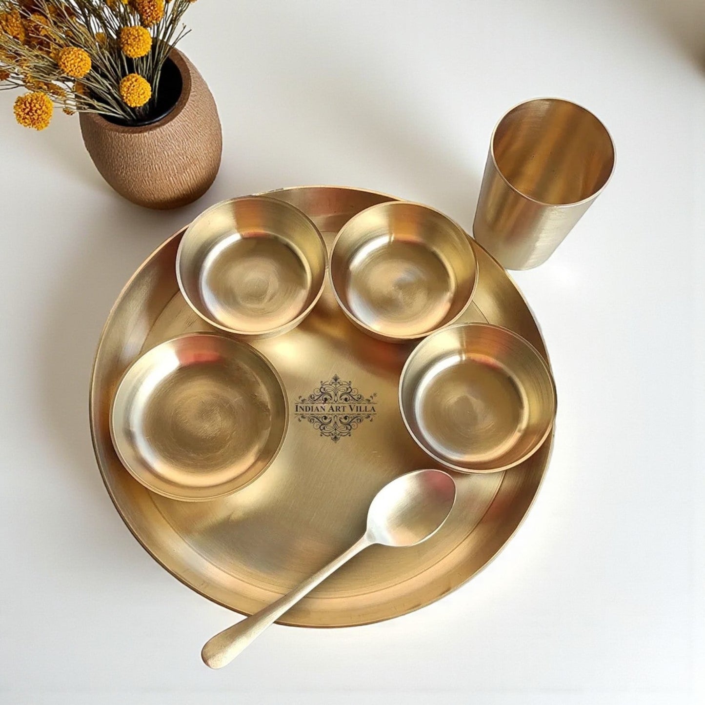 Pure Brass Dinner Set 7 Pieces With Embossed &  Matt Finish Design