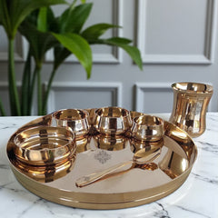 Handcrafted Pure Bronze Curve Shaped 7 Pieces Dinner Set | Thali Set with  Mirror Shine Finish
